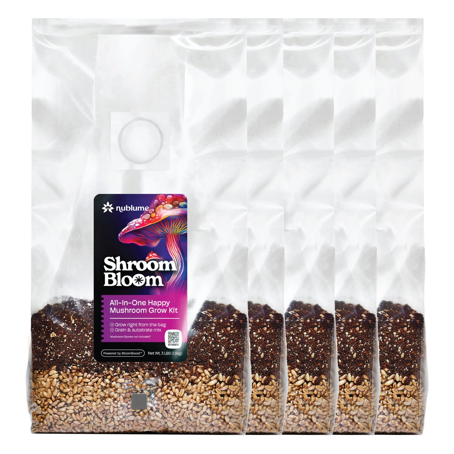 ShroomBloom all-natural mushroom grow kit by Nublume, featuring detailed growing instructions and visible mushroom spores.
