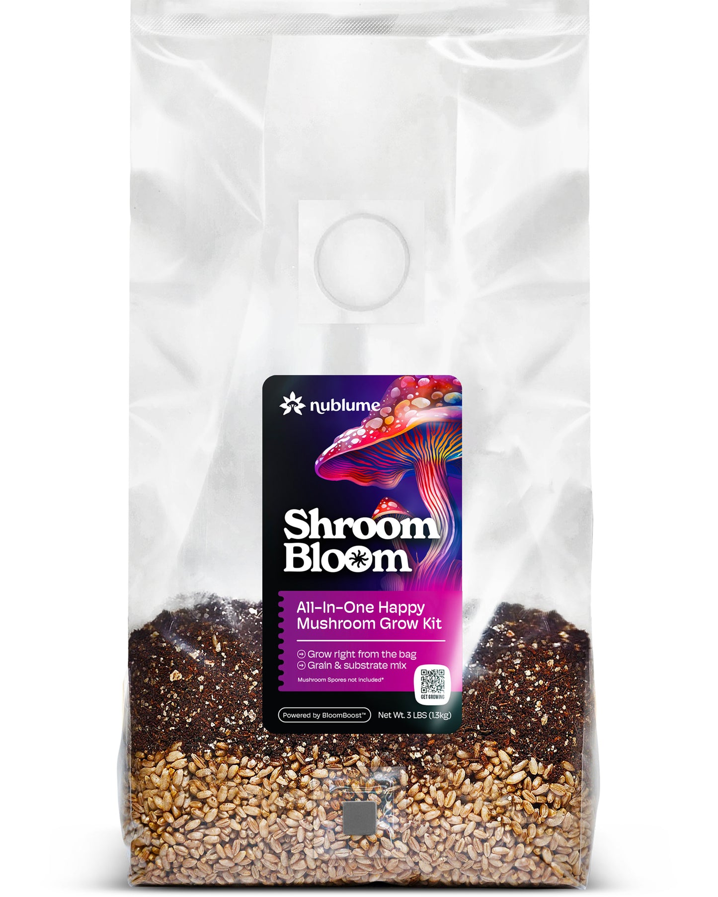 All-in-one mushroom grow kit in a clear bag with substrate and grains by Nublume Mushroom.