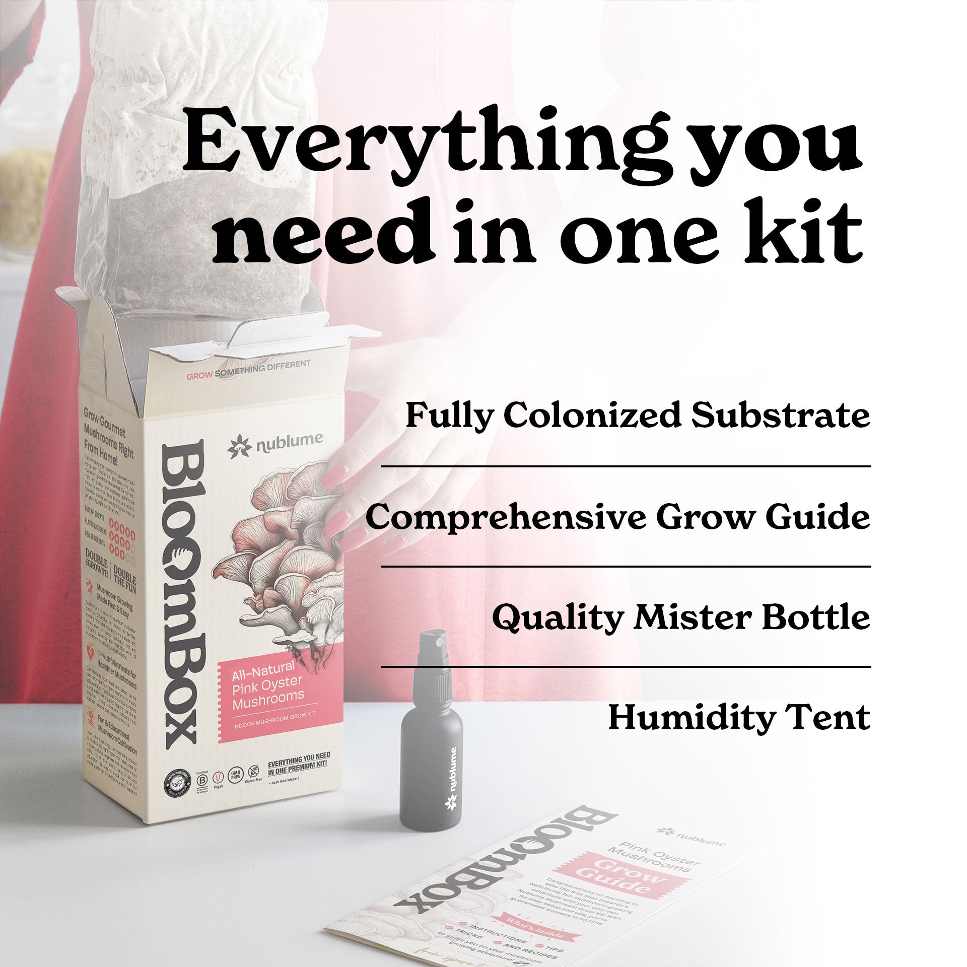 Pink oyster mushroom grow kit by Nublume Mushroom with all-natural nutrients, perfect for indoor growing.