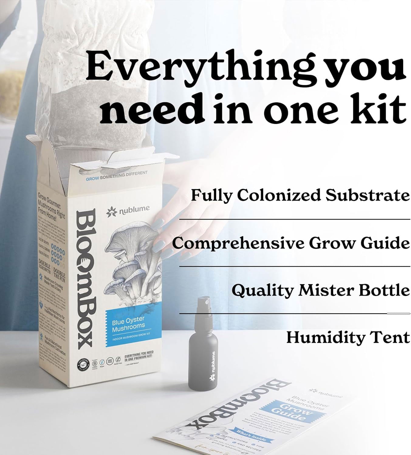 BloomBox blue oyster mushroom growing kit with all-natural materials from Nublume Mushroom.