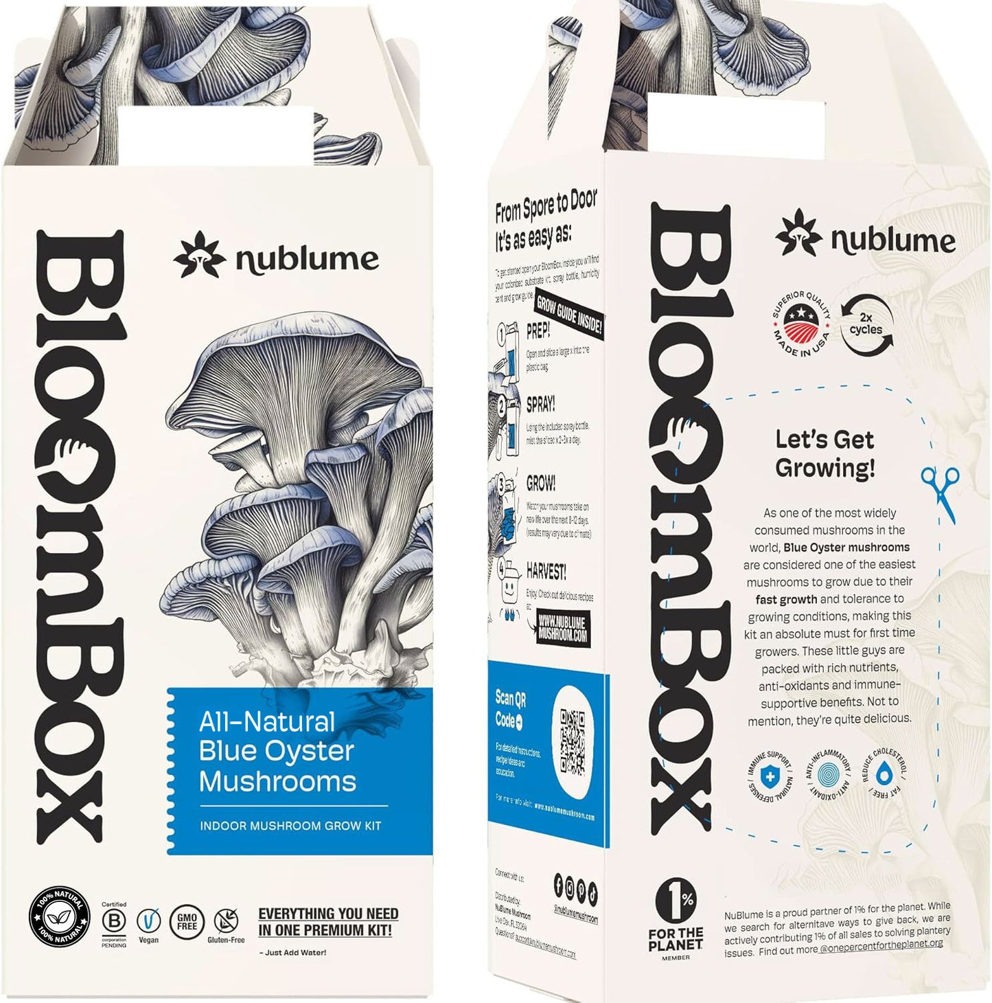 BloomBox Blue Oyster Mushroom Growing Kit by Nublume, all-natural with compost bag and growing instructions